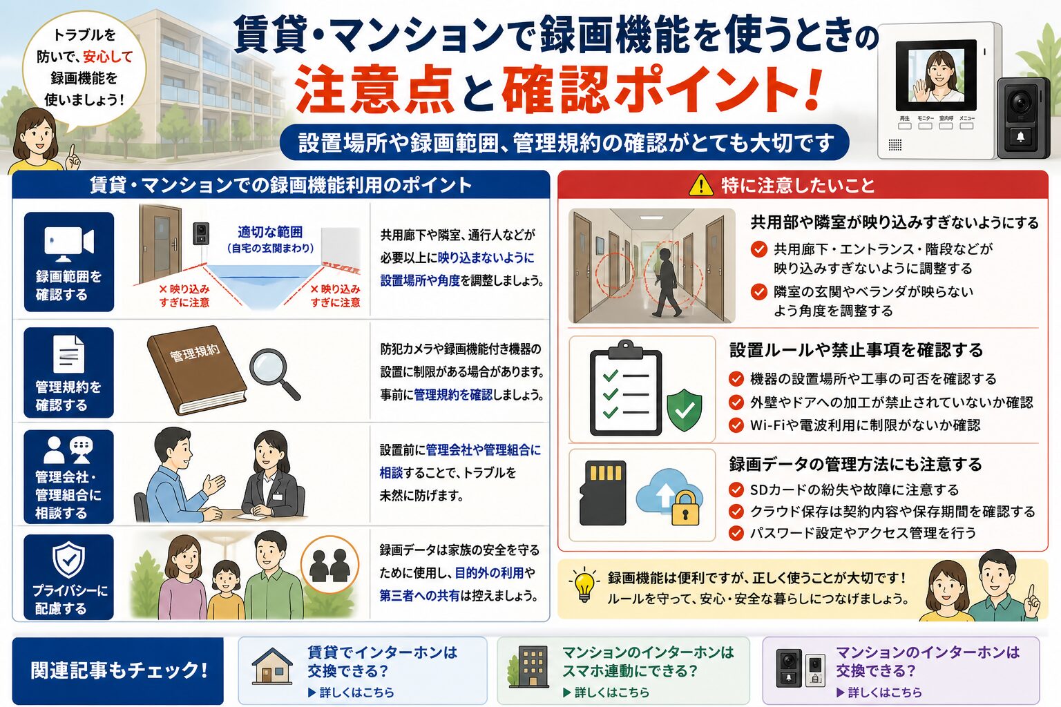 賃貸やマンションで録画機能付きインターホンを使うときの注意点
