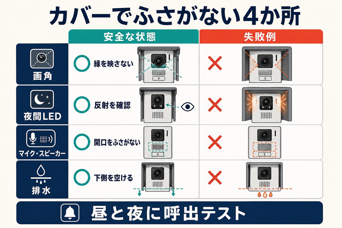 カバーがカメラ画角・夜間LED・音声・排水を妨げる失敗例と安全な状態